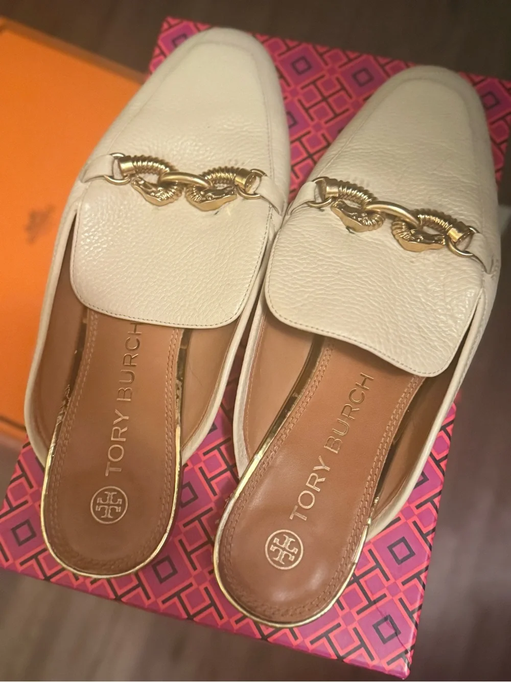 Tory Burch Cream Leather Chain-Trim Mules